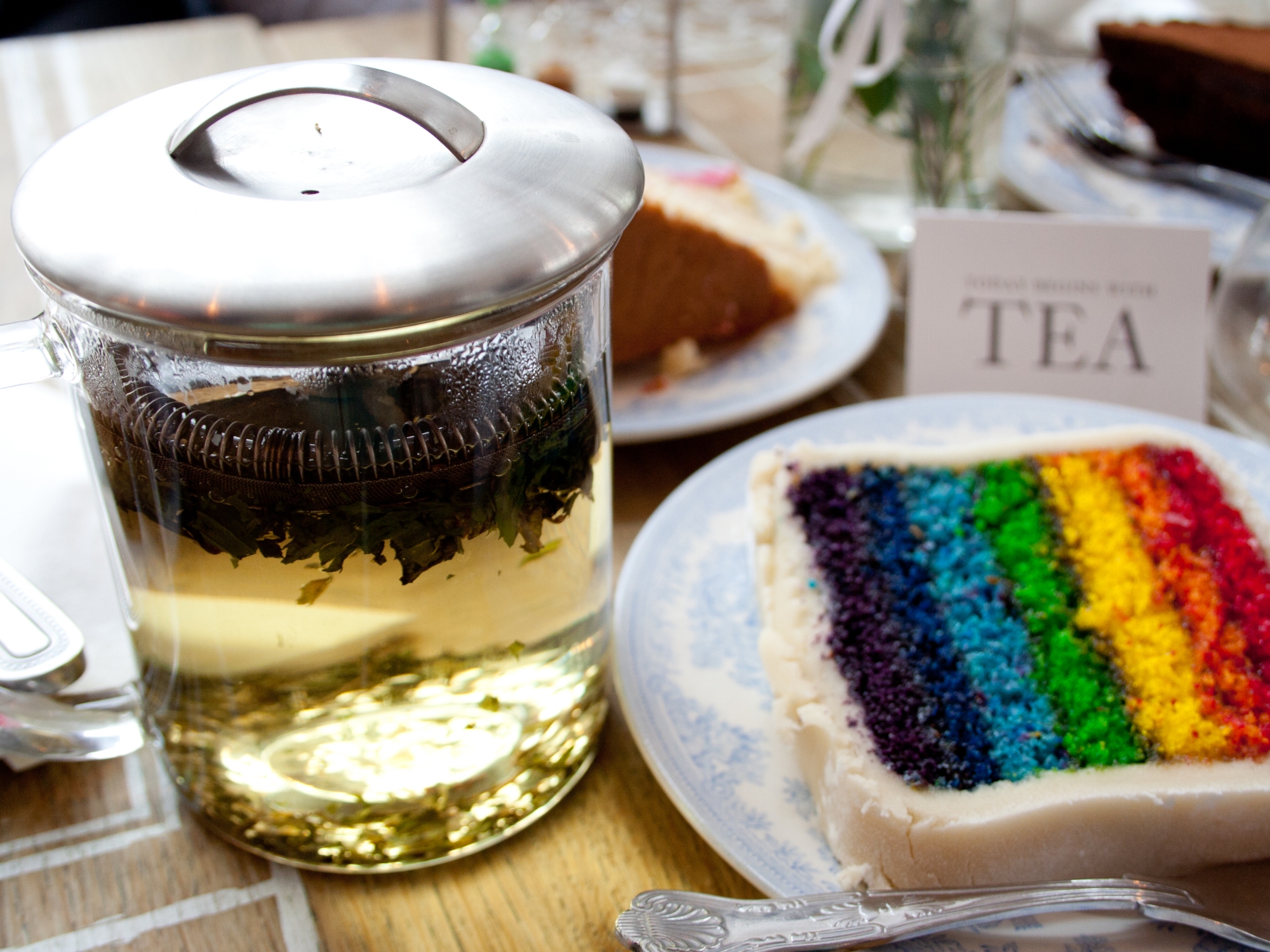 Peppermint tea and a rainbow cake in Proper Tea in Manchester